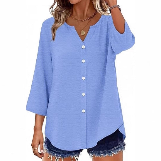 Ladies Light V-Neck Blouse Jacket with 3/4 Sleeves, Curved Hem and Continuous Button Placket Mune Fashion
