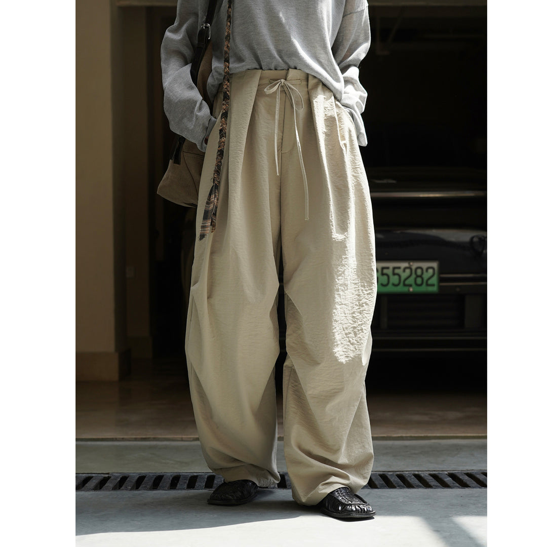 Women's Voluminous Palazzo Baggy Pants with Drawstring Waist and Draped Pleats Mune Fashion