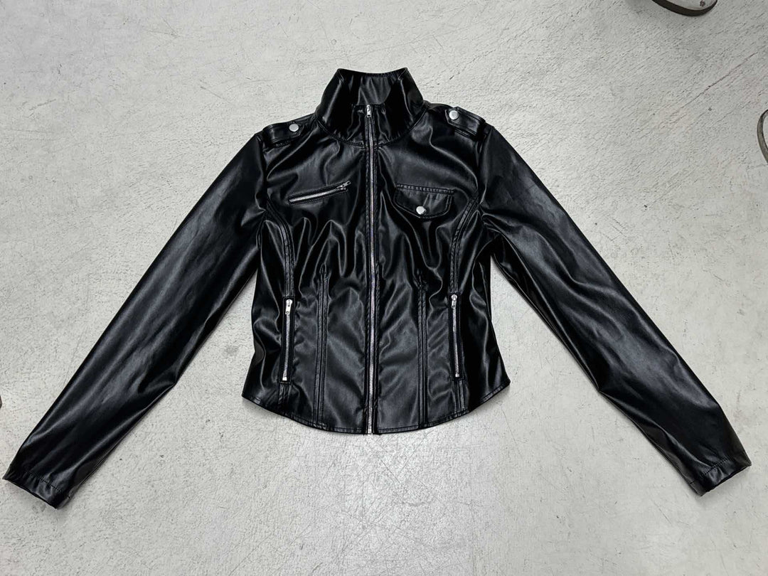 Women no tailored faux leather biker jacket with stand-up collar, shoulder patches, and zippered pockets Mune Fashion