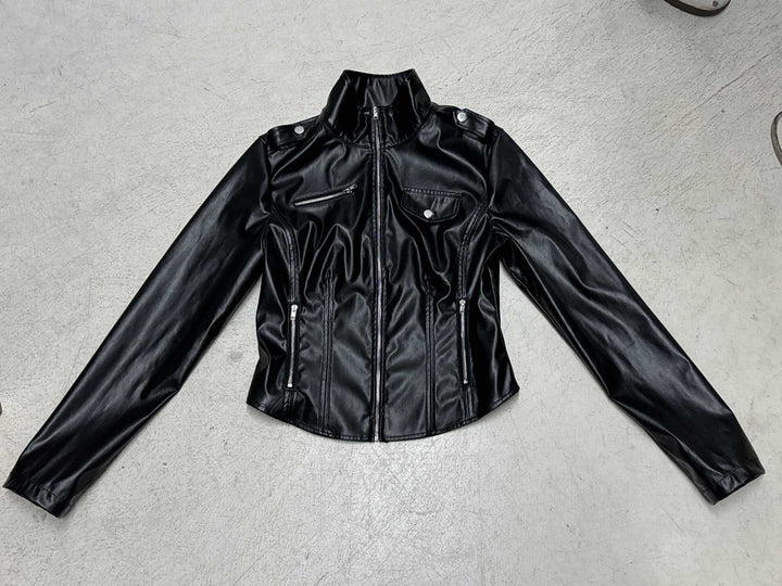 Women no tailored faux leather biker jacket with stand-up collar, shoulder patches, and zippered pockets Mune Fashion