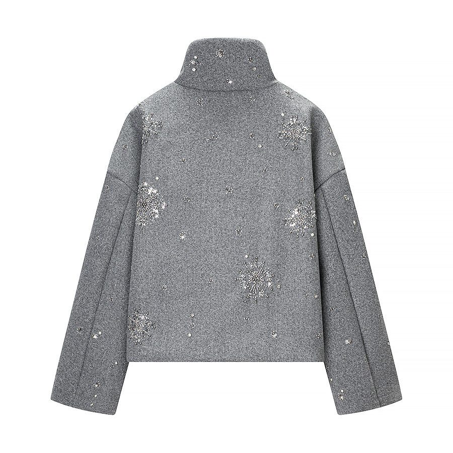 Women's short-cut wool blend coat with stand-up collar and bead sequin embroidery Mune Fashion