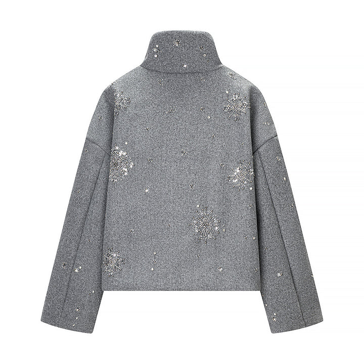Women's short-cut wool blend coat with stand-up collar and bead sequin embroidery Mune Fashion