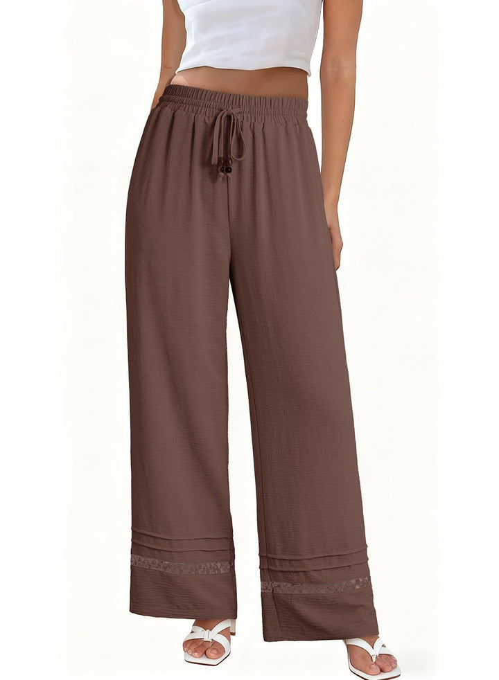 Women's wide linen-look pants with high elastic waistband, drawstring and lace insert Mune Fashion