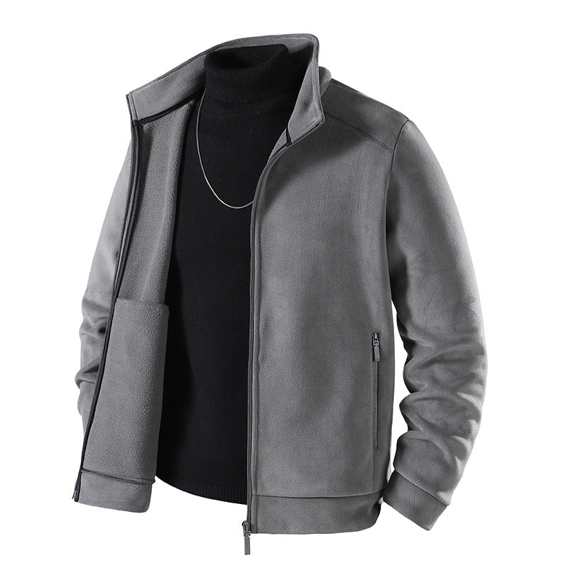 Men's Simple Velvet-Look Transition Jacket with High-Closing Stand-Up Collar, Concealed Two-Way Zipper & Zip Pockets