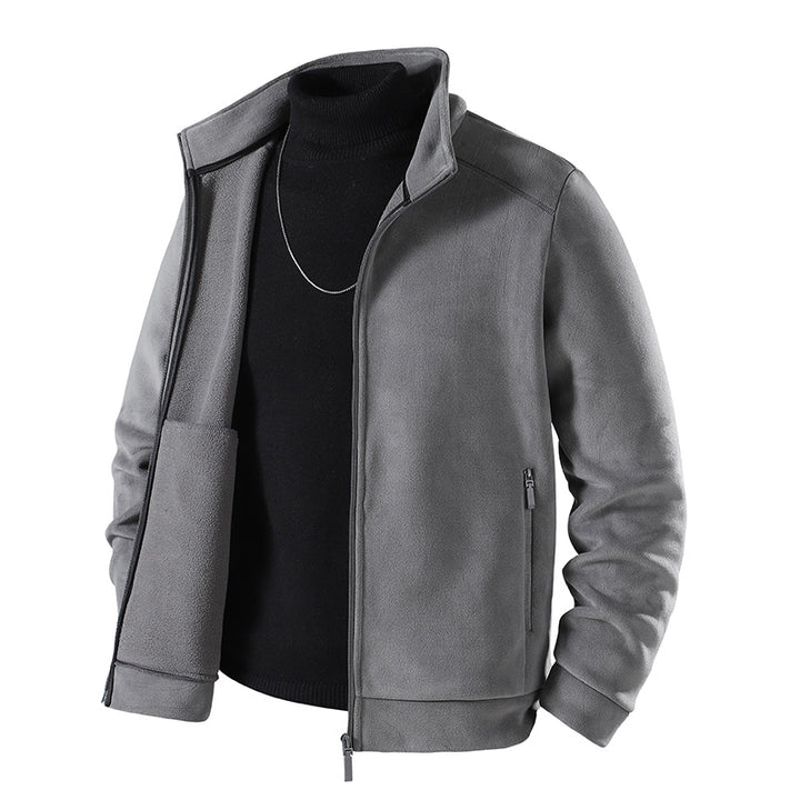 Men's Simple Velvet-Look Transition Jacket with High-Closing Stand-Up Collar, Concealed Two-Way Zipper & Zip Pockets