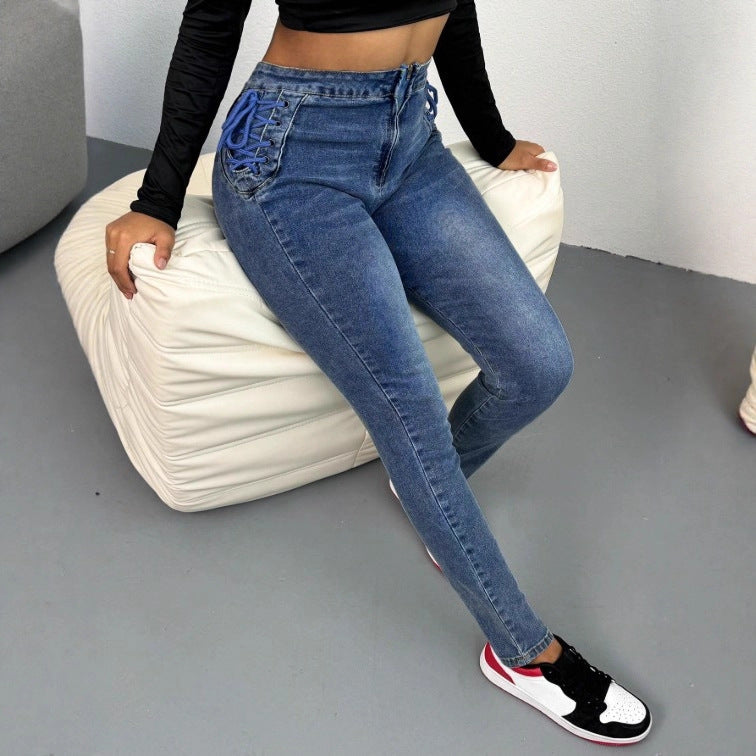Women's High-Waist Slim Jeans with Side Corset Lacing and Sculpting Stretch Waistband Mune Fashion