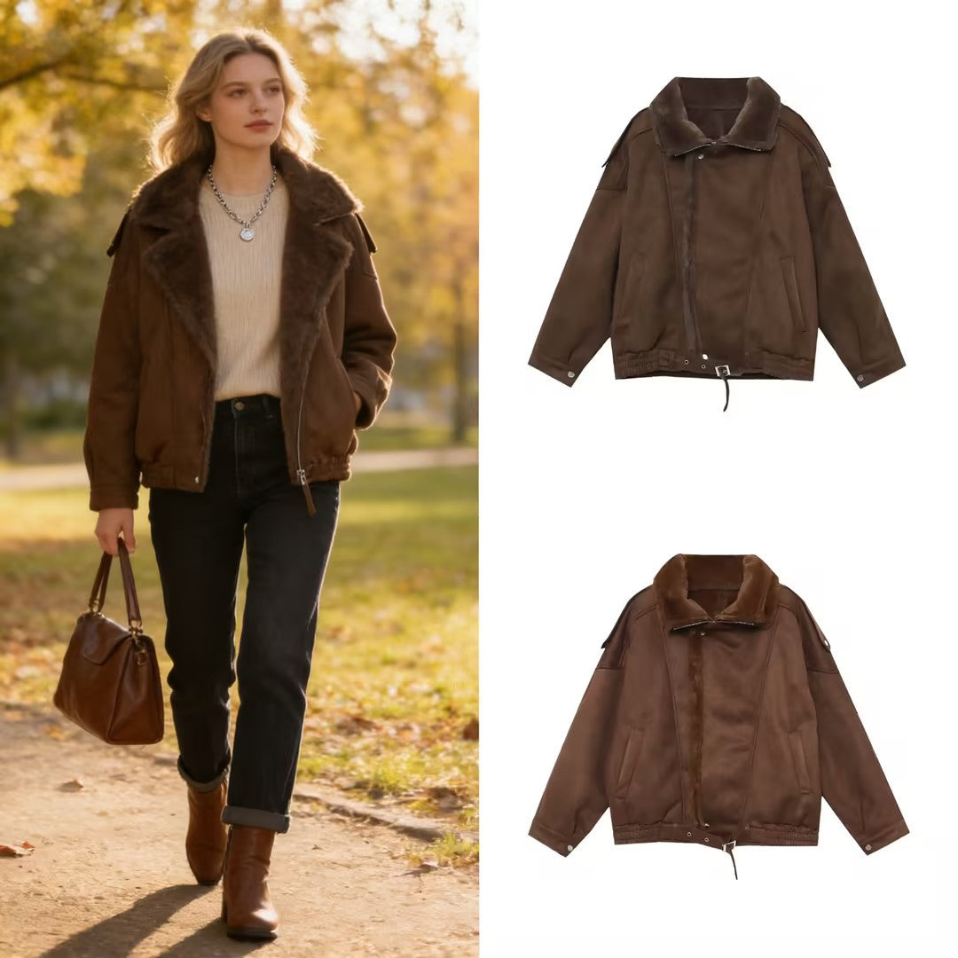 Women's Oversized Aviator Jacket with Teddy Lining, Stand Collar and Waist Belt Mune Fashion