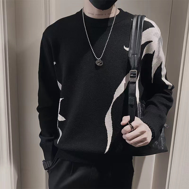 Men's knitted sweater with abstract flame jacquard and round neck Mune Fashion