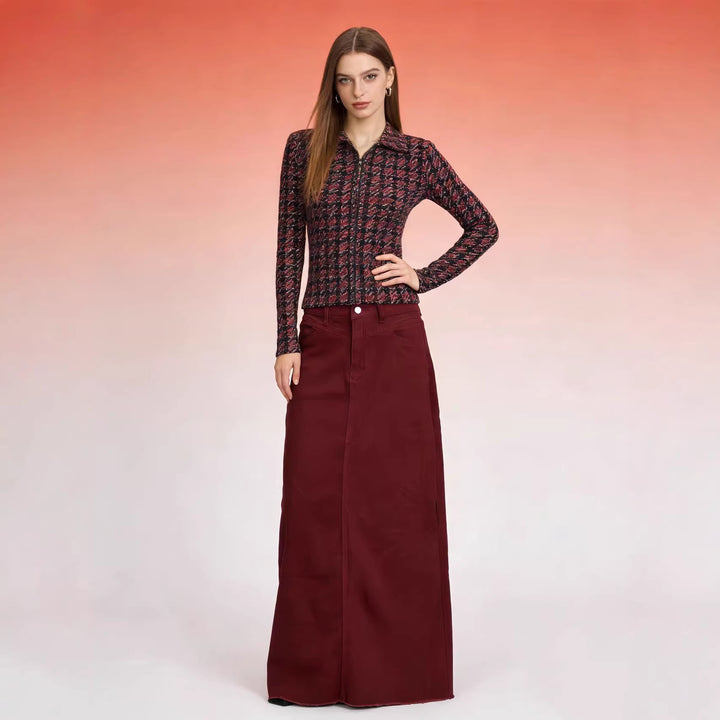 Ladies nan longer High-Waist Denim Maxi Skirt with straight silhouette and raw hem Mune Fashion