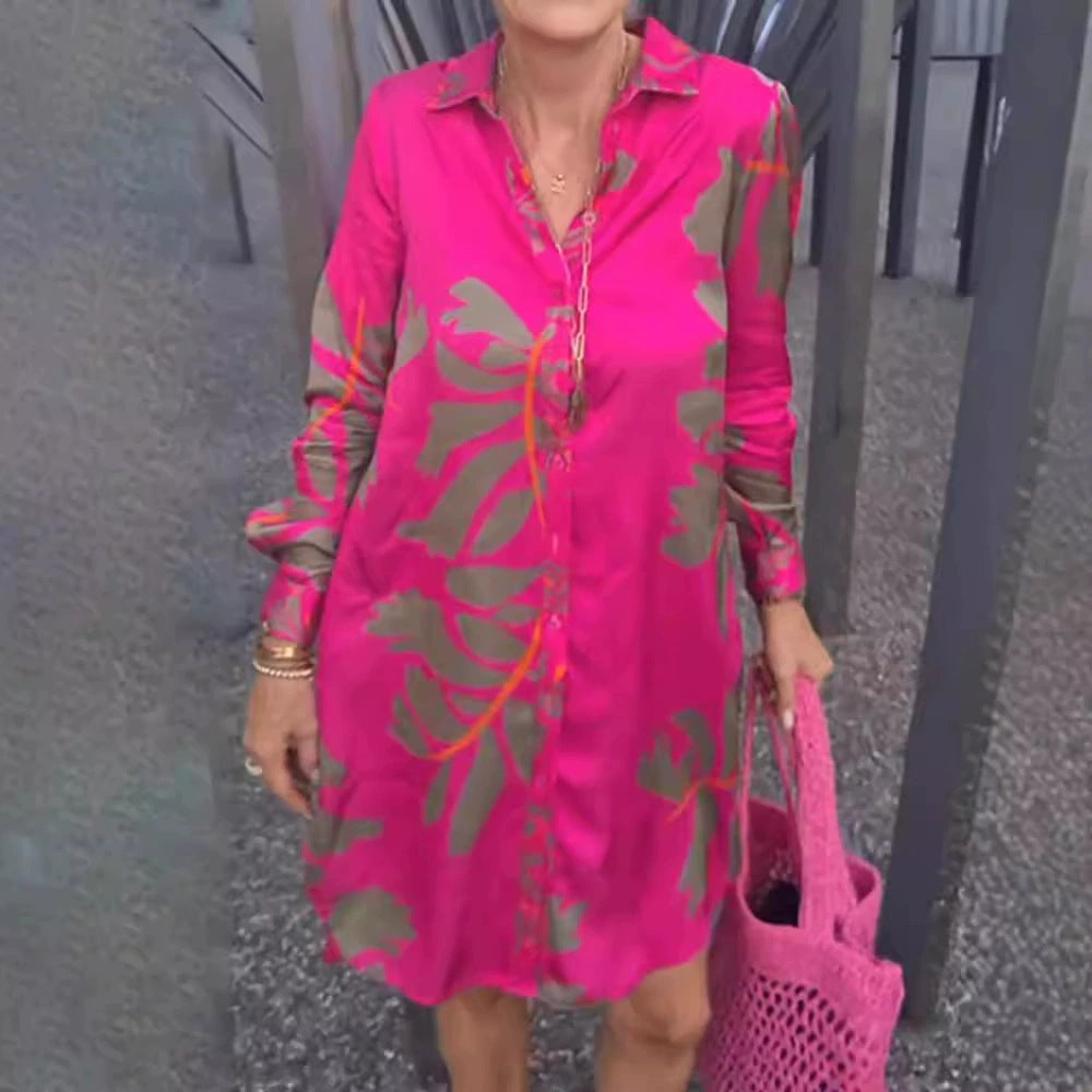 Women's short tunic shirt dress in satin look with large leaf print, shirt collar and loose A-line Mune Fashion