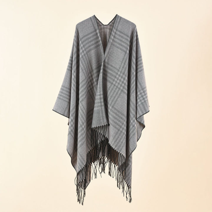 Women's Ruana Poncho with V-neck, boxy kimono fit, and fringe hem Mune Fashion