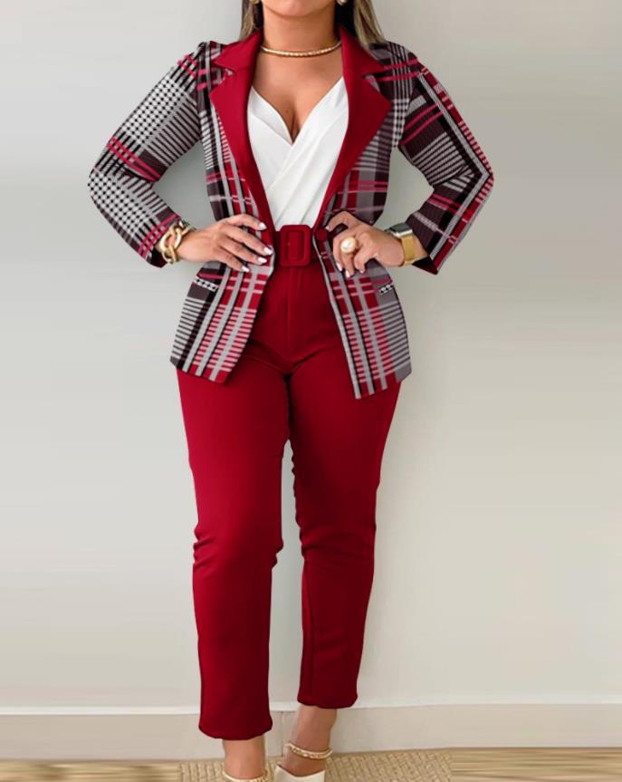 Women's tailoring set with animal print lapel, tailored belt blazer and high-waist slim pants Mune Fashion