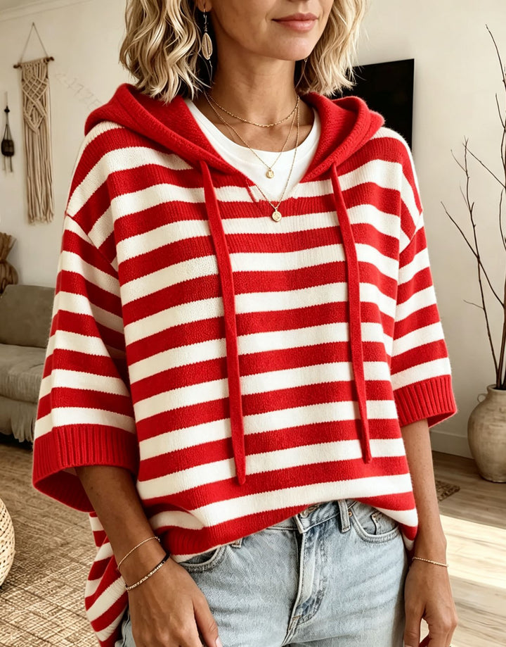 Women Casual Striped Hooded Poncho made of Soft Fine Knit with Half-Length Sleeves Mune Fashion