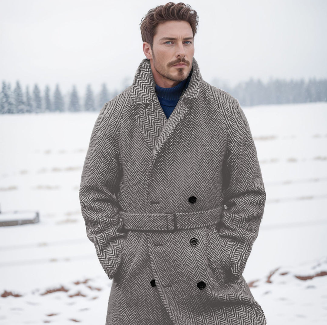 Men's Double-Breasted Wool Blend Coat with Herringbone Pattern and Waist Belt Mune Fashion
