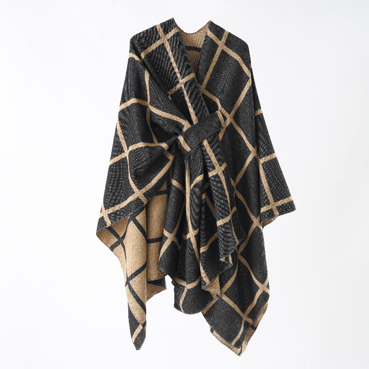 Women's Oversize Poncho made of fine knit with waistband and check pattern Mune Fashion