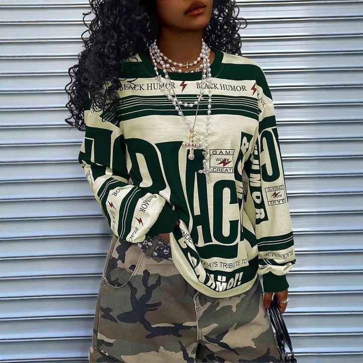Women's Oversize Long Sleeve Sweatshirt with Allover Graphic, Round Neck and Ribbed Cuffs Mune Fashion