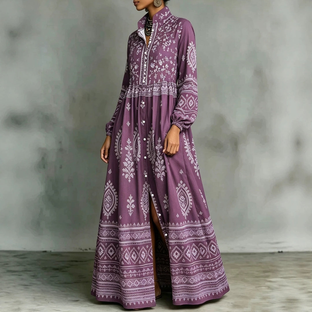 Women’s Boho Maxi Shirt Dress with Embroidered Borders, High Stand Collar and Pockets
