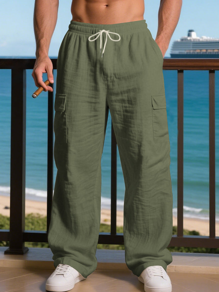 Men's Loose Linen Cargo Casual Pants with Drawstring Waist and Side Patch Pockets Mune Fashion