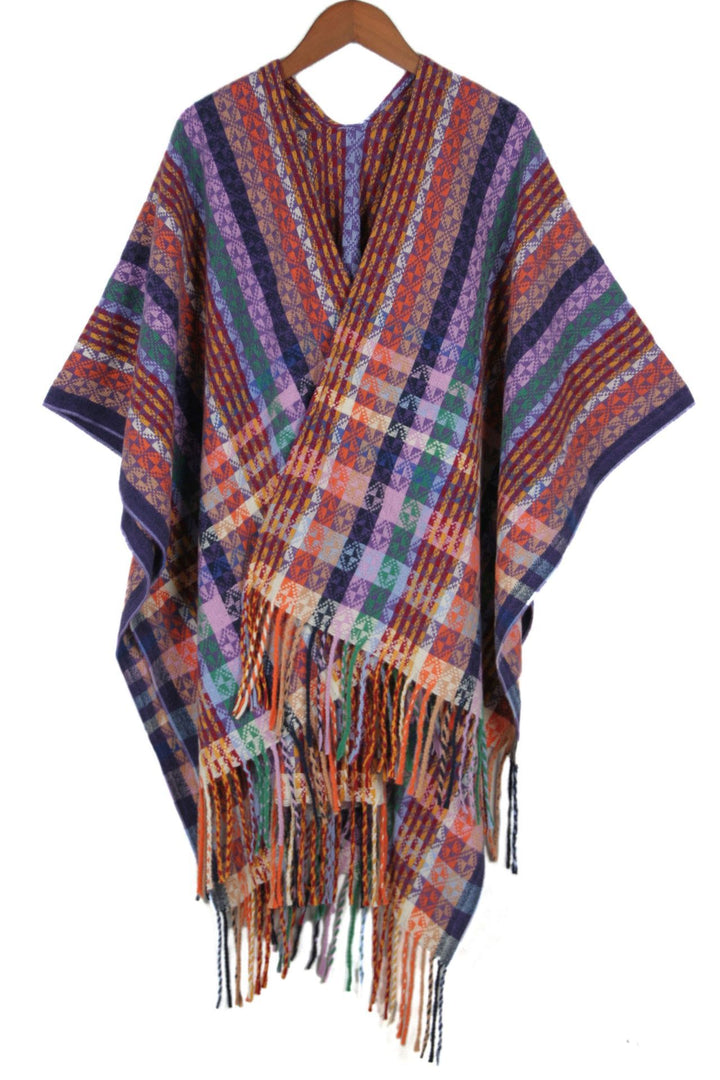 Women's Multicolored Woven Poncho in Boho Patchwork Design with Fringes Mune Fashion