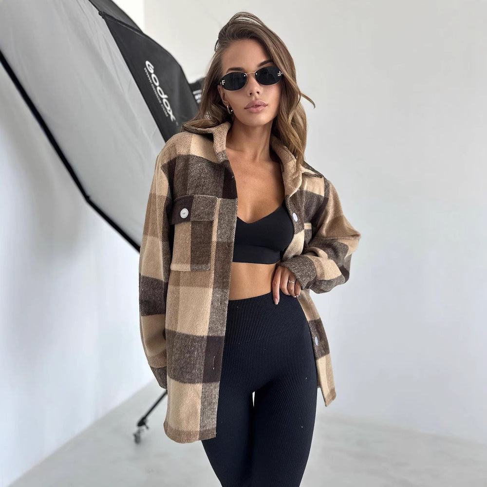 Women's Checked Overshirt in Shacket Style with Hem Pockets and Button Closure Mune Fashion