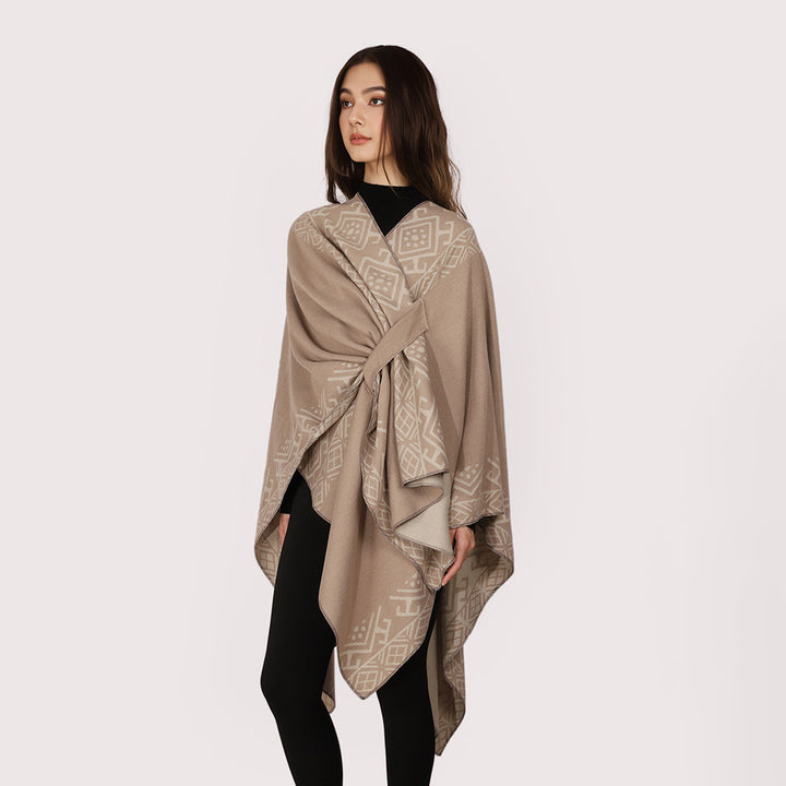 Women's Reversible Wool Blend Cape with Tie Loop and Fine Jacquard Pattern Mune Fashion