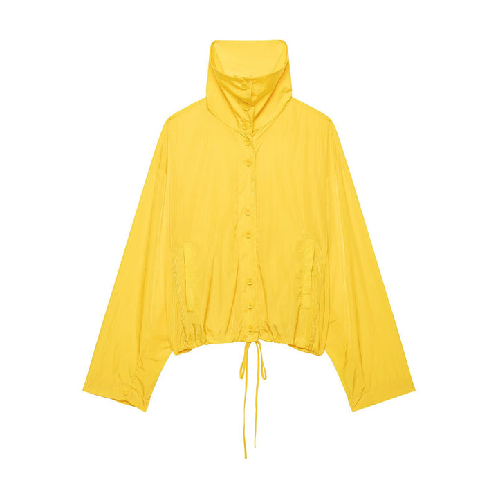 Women's lightweight cropped windbreaker with high stand-up collar and drawstring.