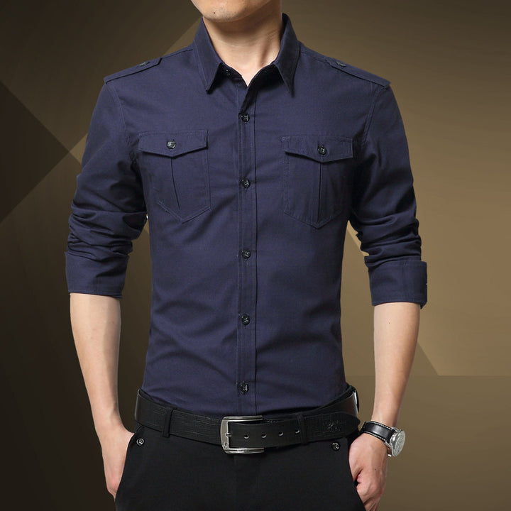 Men's Slim-Fit Utility Shirt with Shoulder Flaps and Flap Pockets Mune Fashion