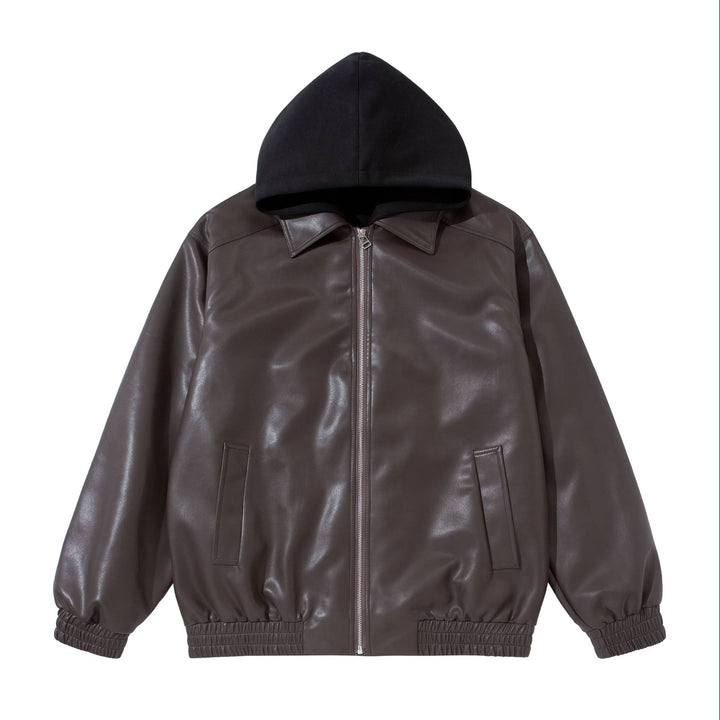 Men's Boxy Leather Blouson with Attached Jersey Hood and Ribbed Hem Mune Fashion