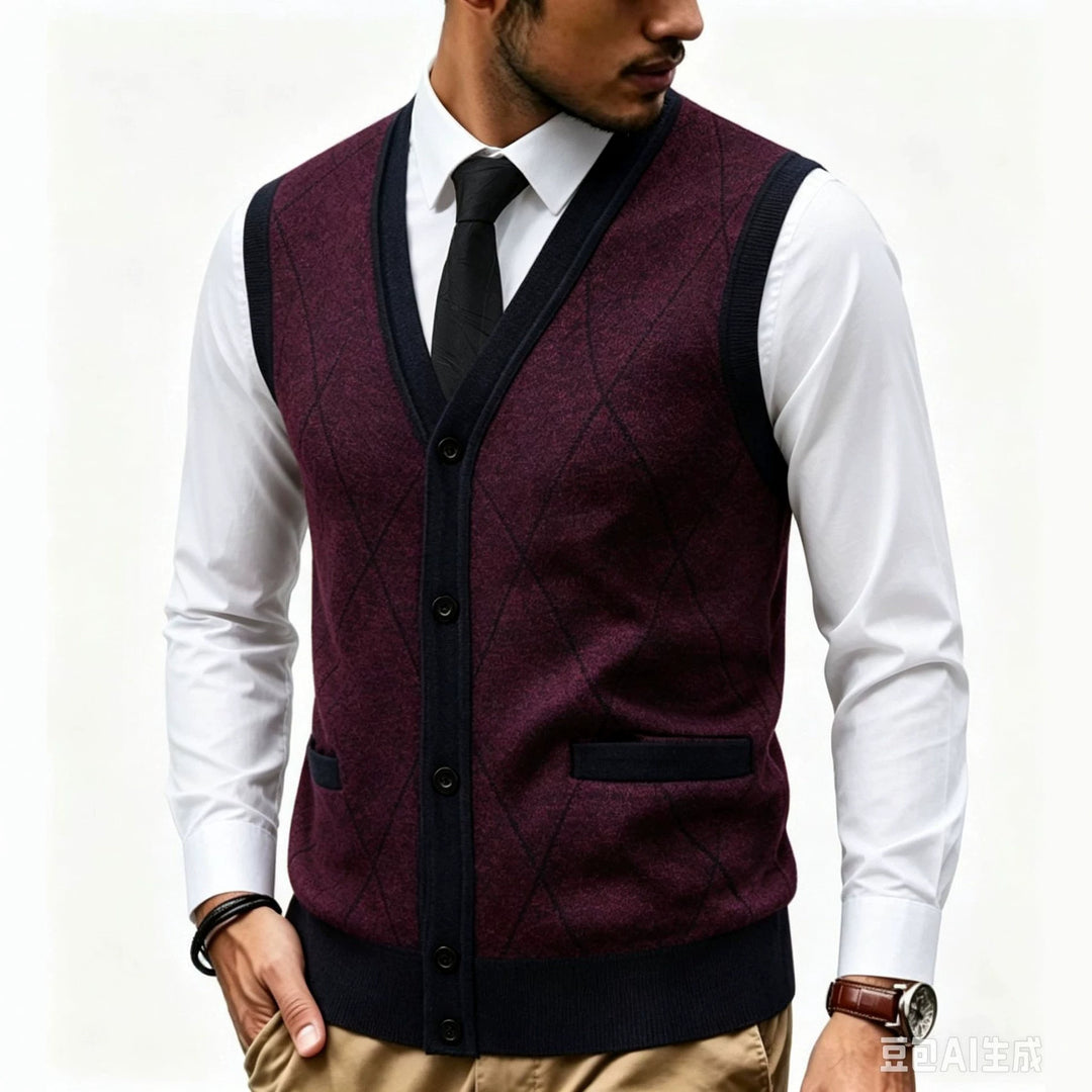 Men's fine-knit vest with V-neck, button placket and diamond pattern Mune Fashion