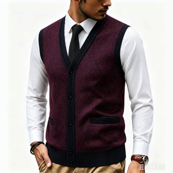 Men's fine-knit vest with V-neck, button placket and diamond pattern Mune Fashion