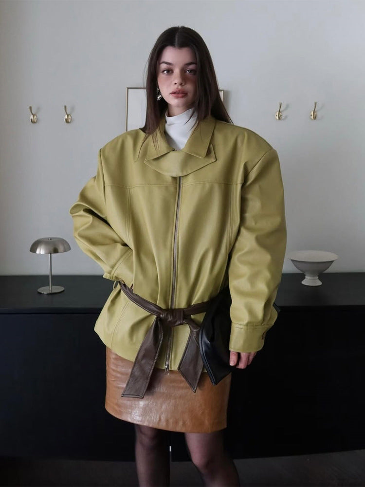 Women's Boxy Faux Leather Jacket with High Stand Collar, Front Zip and Waist Belt Mune Fashion