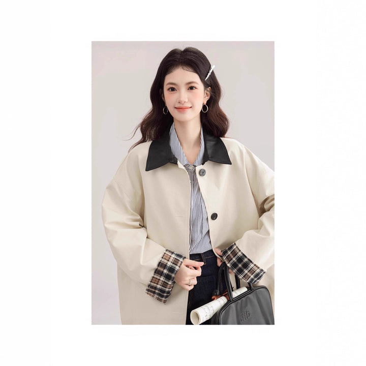 Women's Oversized Trench Coat with Contrast Collar and Check Lining Mune Fashion