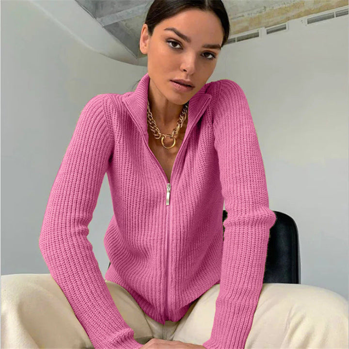 Women's Cardigan with High Collar and Innovative Zipper Mune
