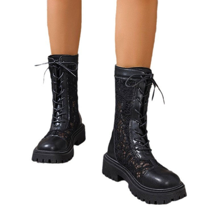 Women's lace-up boots with lace inserts, robust profile sole and leather look Mune Fashion