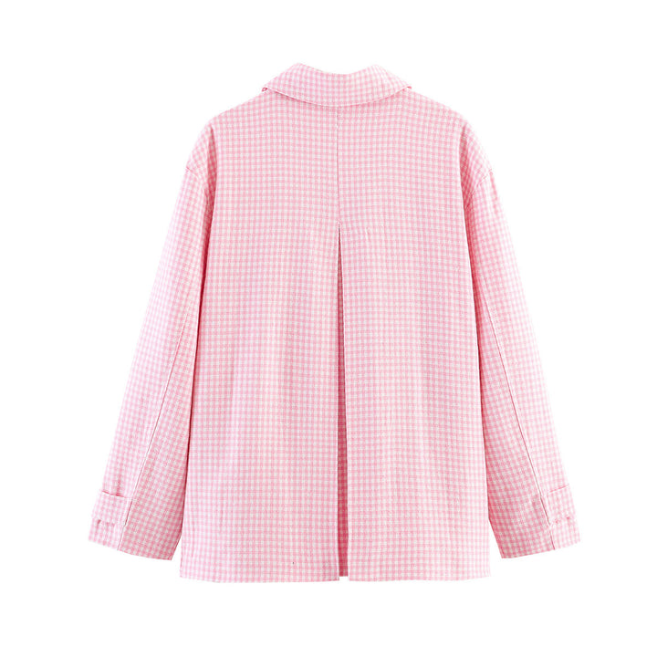 Women’s Oversized Short Jacket with Small Check, Patch Pockets and Decorative Buttons Mune Fashion