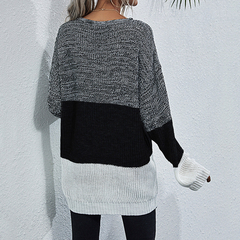 Women's Longline Chunky Knit Sweater with Color Block, Round Neck and Slightly Dropped Shoulder Mune Fashion