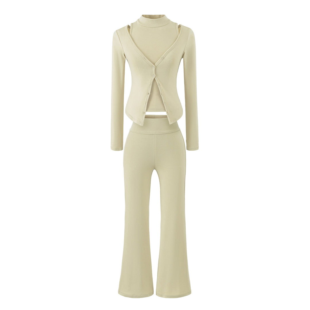 Women Figure-Hugging Layering Set with Turtleneck Long Sleeve and Asymmetrical Button Jacket and Flared High-Waist Pants Mune Fashion