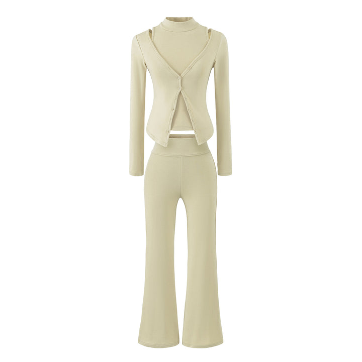 Women Figure-Hugging Layering Set with Turtleneck Long Sleeve and Asymmetrical Button Jacket and Flared High-Waist Pants Mune Fashion