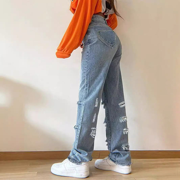 Women's High-Waisted Baggy Jeans in Vintage Ripped Design with Wide Leg and Frayed Hem Mune Fashion