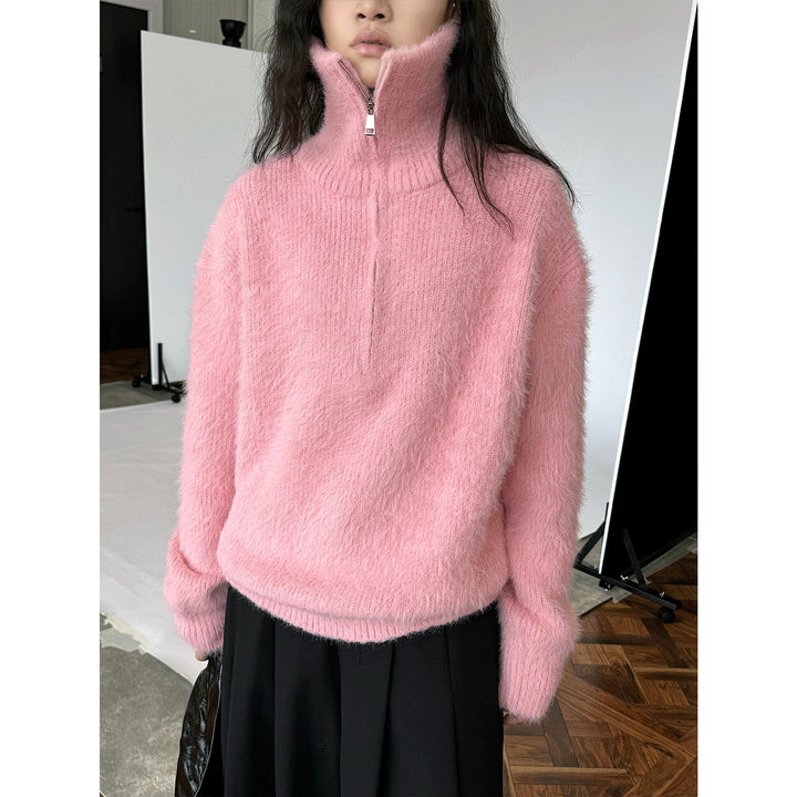 Women's fluffy stand-up collar sweater with half zipper Mune Fashion