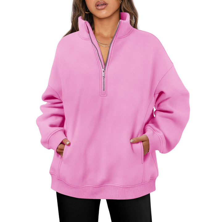 Women's oversized half-zip pullover with stand-up collar, kangaroo pocket and ribbed cuffs Mune Fashion