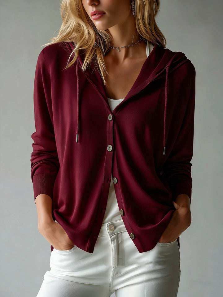 Women nan lightweight hooded cardigan with button placket and drawstring Mune Fashion