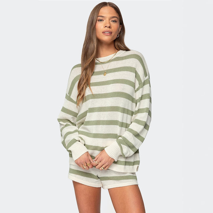 Women striped knit loungewear set with wide sweater and drawstring shorts Mune Fashion