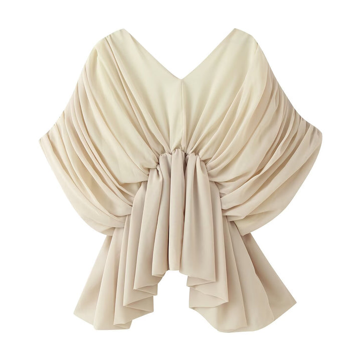 Women Draped Chiffon Top with Deep V-Neck and Ruffle Cape Drune