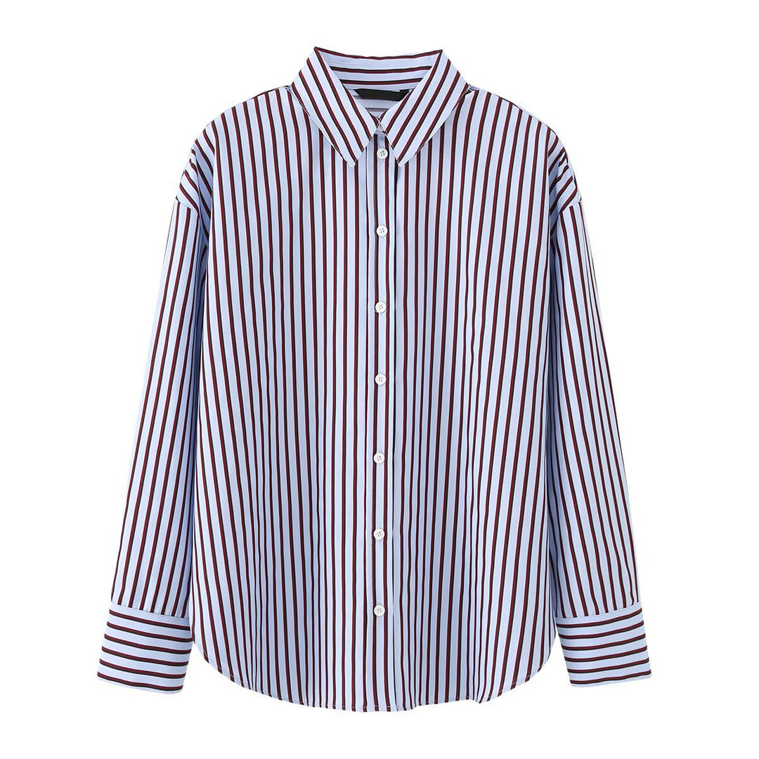 Women Striped Oversized Shirt Blouse with Kent Collar and Long Cuffs Mune Fashion