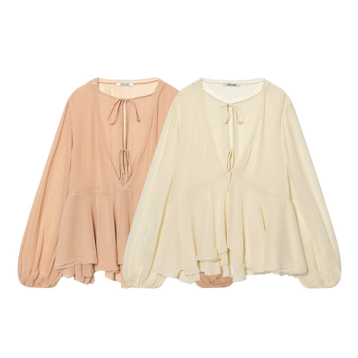 Ladies Airy Chiffon Blouse with Deep V-Neck, Ties, Ruffled Layers and Balloon Sleeves Mune Fashion