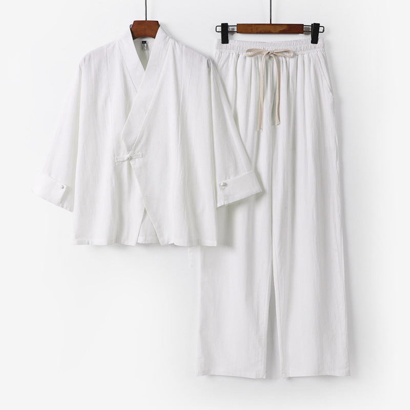 Unisex Lightweight Zen Lounge Set in Kimono Style with Dropped Shoulder Concealed Knot Placket and Elastic Drawstring Pants Mune Fashion