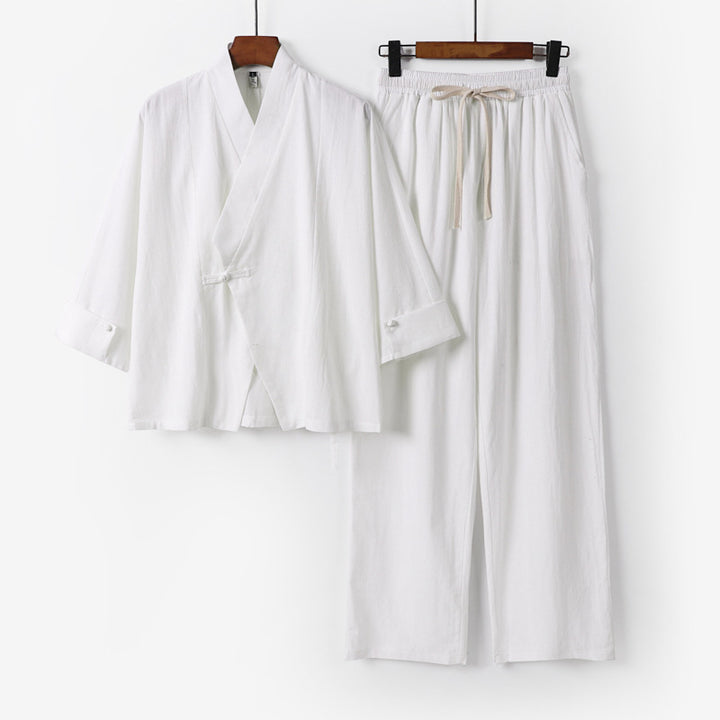 Unisex Lightweight Zen Lounge Set in Kimono Style with Dropped Shoulder Concealed Knot Placket and Elastic Drawstring Pants Mune Fashion