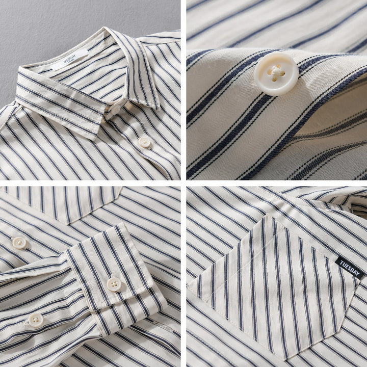 Men's pinstripe long sleeve shirt jacket in overshirt style made of lightweight cotton blend with diagonal breast pocket Mune Fashion