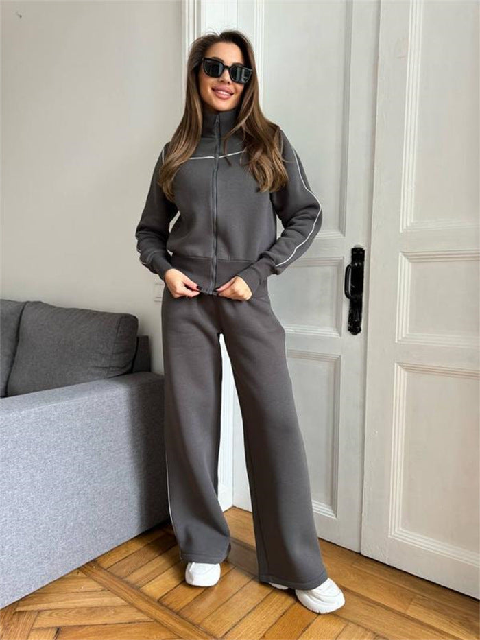 Women's Two-Piece Tracksuit Set with Stand-Up Collar, Contrast Piping and Wide Leg Mune Fashion